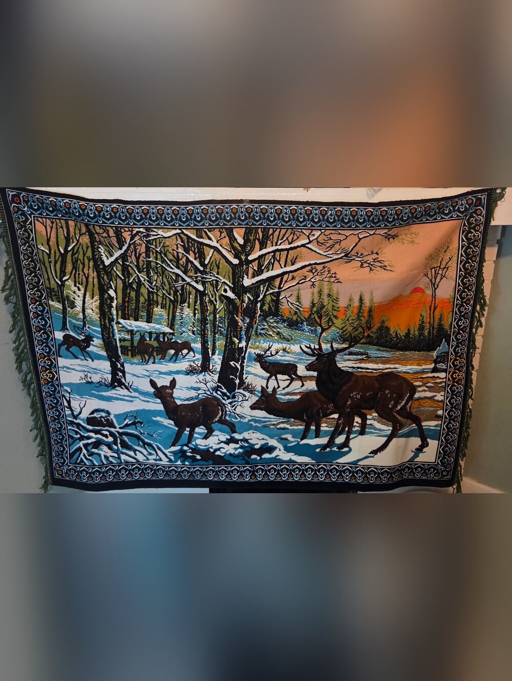 Winter Deer Woodland Tapestry Wall Hanging - Brown & Blue Made In Turkey